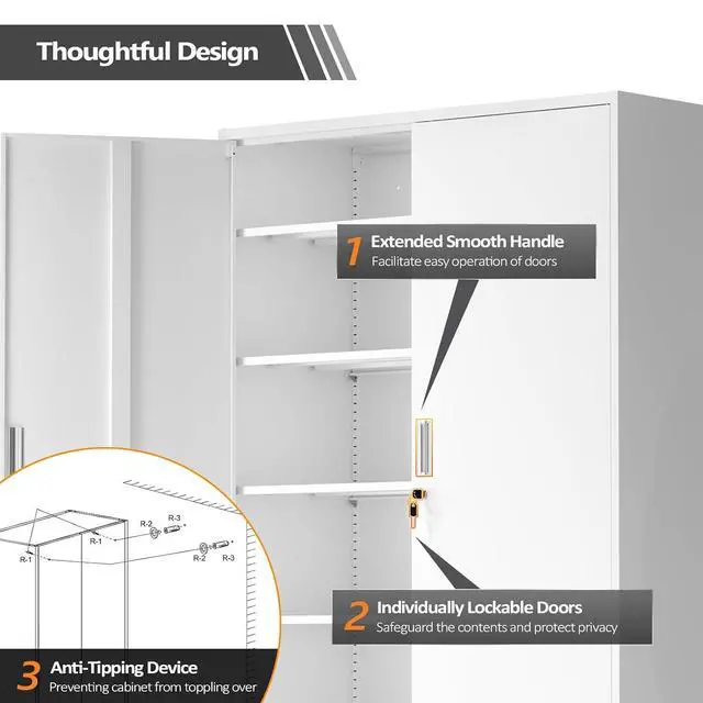 Alt view image 6 of 7 - Large Metal Storage Cabinet with 2 Doors and 5 Adjustable Shelves, Upgraded Height & Wide & Deep, 40''W x 20''D x 72''H, Oversized Garage Storage Cabinet with Wheels and Locks (White)