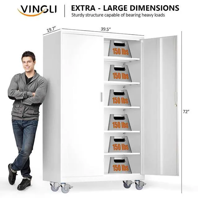 Alt view image 3 of 7 - Large Metal Storage Cabinet with 2 Doors and 5 Adjustable Shelves, Upgraded Height & Wide & Deep, 40''W x 20''D x 72''H, Oversized Garage Storage Cabinet with Wheels and Locks (White)