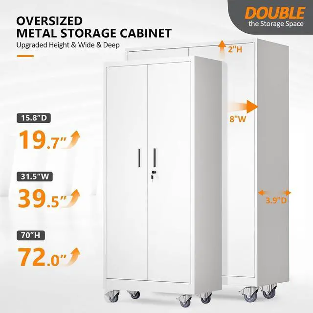Alt view image 4 of 7 - Large Metal Storage Cabinet with 2 Doors and 5 Adjustable Shelves, Upgraded Height & Wide & Deep, 40''W x 20''D x 72''H, Oversized Garage Storage Cabinet with Wheels and Locks (White)
