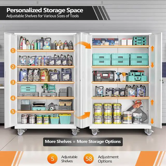 Alt view image 5 of 7 - Large Metal Storage Cabinet with 2 Doors and 5 Adjustable Shelves, Upgraded Height & Wide & Deep, 40''W x 20''D x 72''H, Oversized Garage Storage Cabinet with Wheels and Locks (White)
