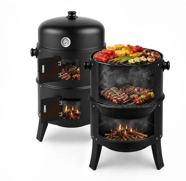 Main image of 18 Inch Multi-Layer Charcoal BBQ Smoker Grill, Heavy Duty Round Grill, Vertical Smoker with Thermometer, for Outdoor Cooking, Patio, Parties, Backyard
