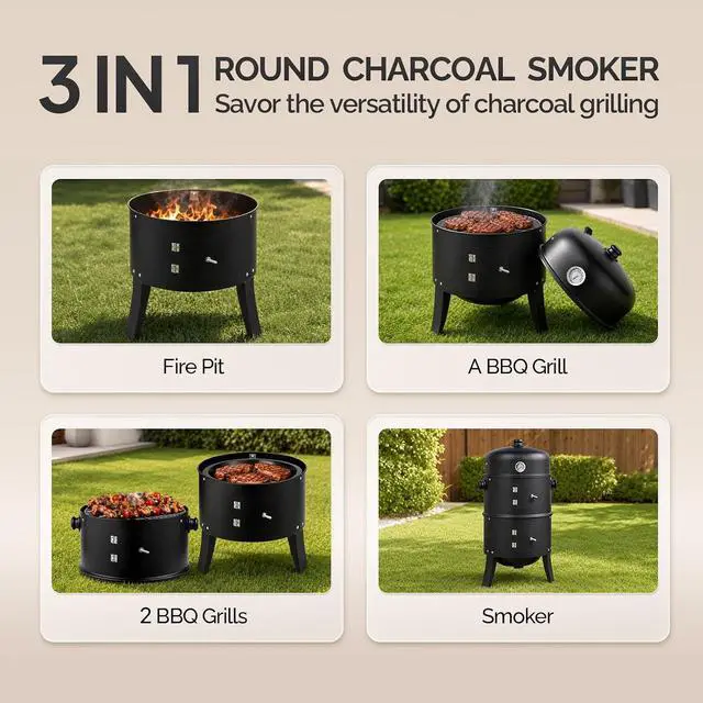 Alt view image 2 of 7 - 18 Inch Multi-Layer Charcoal BBQ Smoker Grill, Heavy Duty Round Grill, Vertical Smoker with Thermometer, for Outdoor Cooking, Patio, Parties, Backyard