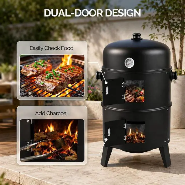 Alt view image 4 of 7 - 18 Inch Multi-Layer Charcoal BBQ Smoker Grill, Heavy Duty Round Grill, Vertical Smoker with Thermometer, for Outdoor Cooking, Patio, Parties, Backyard