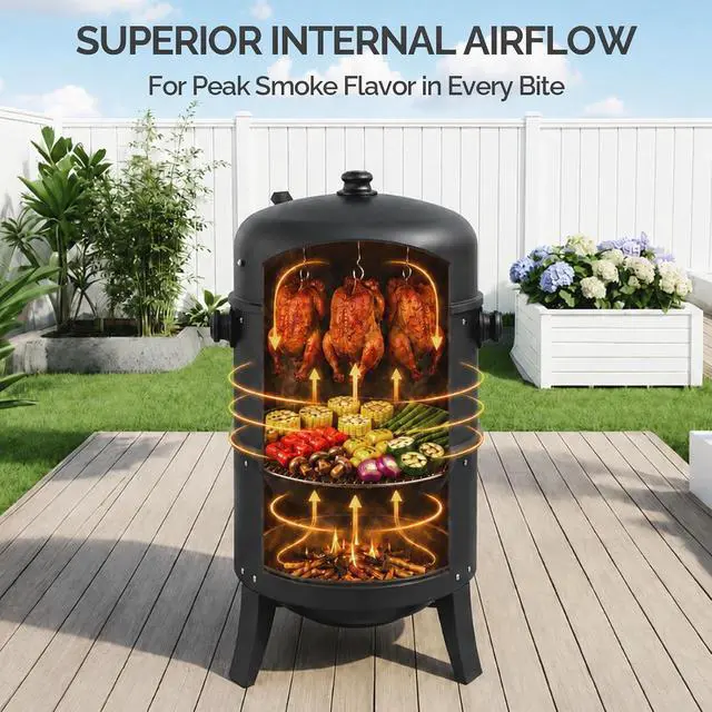 Alt view image 3 of 7 - 18 Inch Multi-Layer Charcoal BBQ Smoker Grill, Heavy Duty Round Grill, Vertical Smoker with Thermometer, for Outdoor Cooking, Patio, Parties, Backyard