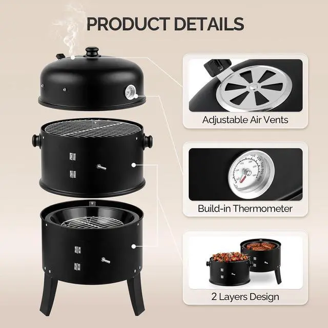 Alt view image 7 of 7 - 18 Inch Multi-Layer Charcoal BBQ Smoker Grill, Heavy Duty Round Grill, Vertical Smoker with Thermometer, for Outdoor Cooking, Patio, Parties, Backyard