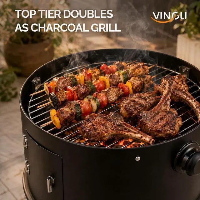 Alt view image 5 of 7 - 18 Inch Multi-Layer Charcoal BBQ Smoker Grill, Heavy Duty Round Grill, Vertical Smoker with Thermometer, for Outdoor Cooking, Patio, Parties, Backyard