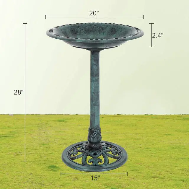 Alt view image 3 of 7 - Pedestal Bird Bath, Resin Birdbaths Weather Resistant, Bird Baths with Floral Accents & Vintage Finish, Garden Decor for Outdoor, Patio, Yard, Lawn (Green)