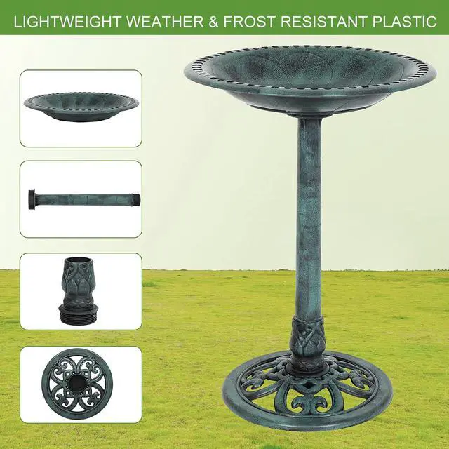 Alt view image 4 of 7 - Pedestal Bird Bath, Resin Birdbaths Weather Resistant, Bird Baths with Floral Accents & Vintage Finish, Garden Decor for Outdoor, Patio, Yard, Lawn (Green)