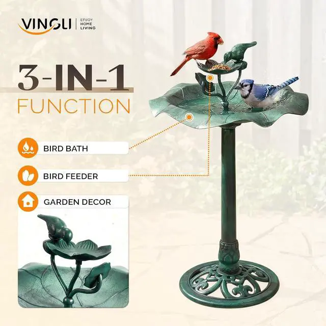 Alt view image 2 of 7 - Pedestal Bird Bath, Resin Birdbaths Weather Resistant, Bird Baths with Floral Accents & Vintage Finish, Garden Decor for Outdoor, Patio, Yard, Lawn (Green Floral)