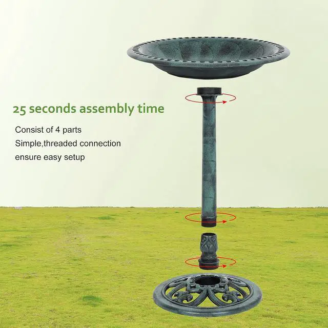 Alt view image 5 of 7 - Pedestal Bird Bath, Resin Birdbaths Weather Resistant, Bird Baths with Floral Accents & Vintage Finish, Garden Decor for Outdoor, Patio, Yard, Lawn (Green)