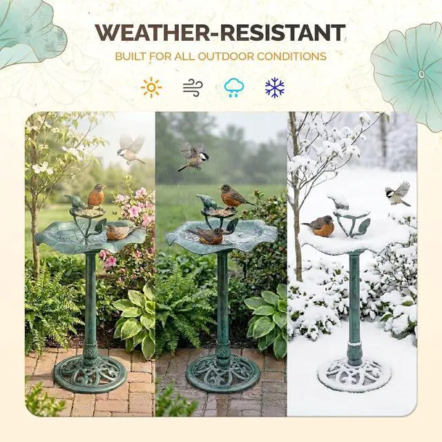 Alt view image 4 of 7 - Pedestal Bird Bath, Resin Birdbaths Weather Resistant, Bird Baths with Floral Accents & Vintage Finish, Garden Decor for Outdoor, Patio, Yard, Lawn (Green Floral)
