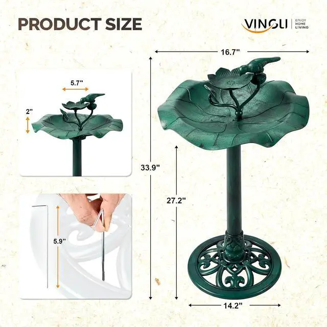 Alt view image 6 of 7 - Pedestal Bird Bath, Resin Birdbaths Weather Resistant, Bird Baths with Floral Accents & Vintage Finish, Garden Decor for Outdoor, Patio, Yard, Lawn (Green Floral)