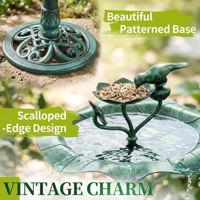 Alt view image 3 of 7 - Pedestal Bird Bath, Resin Birdbaths Weather Resistant, Bird Baths with Floral Accents & Vintage Finish, Garden Decor for Outdoor, Patio, Yard, Lawn (Green Floral)
