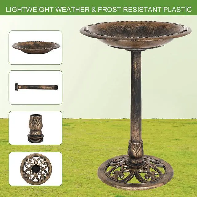 Alt view image 4 of 7 - Pedestal Bird Bath, Resin Birdbaths Weather Resistant, Bird Baths with Floral Accents & Vintage Finish, Garden Decor for Outdoor, Patio, Yard, Lawn (Copper)