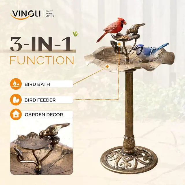 Alt view image 2 of 7 - Pedestal Bird Bath, Resin Birdbaths Weather Resistant, Bird Baths with Floral Accents & Vintage Finish, Garden Decor for Outdoor, Patio, Yard, Lawn (Copper Floral)