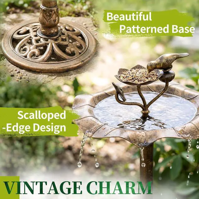 Alt view image 3 of 7 - Pedestal Bird Bath, Resin Birdbaths Weather Resistant, Bird Baths with Floral Accents & Vintage Finish, Garden Decor for Outdoor, Patio, Yard, Lawn (Copper Floral)