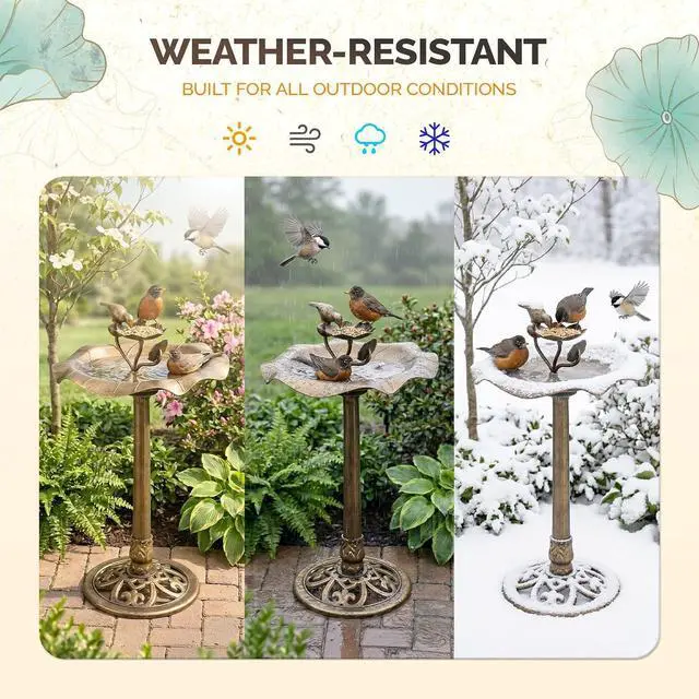 Alt view image 4 of 7 - Pedestal Bird Bath, Resin Birdbaths Weather Resistant, Bird Baths with Floral Accents & Vintage Finish, Garden Decor for Outdoor, Patio, Yard, Lawn (Copper Floral)