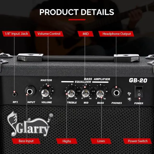 Alt view image 4 of 6 - GLARRY Electric Bass Combo Amp, Portable Amp with Headphone MP3 Input, 20W Practice Bass Guitar Amplifier Speaker Accessories with Bass, Volume, Treble, and Middle Controls