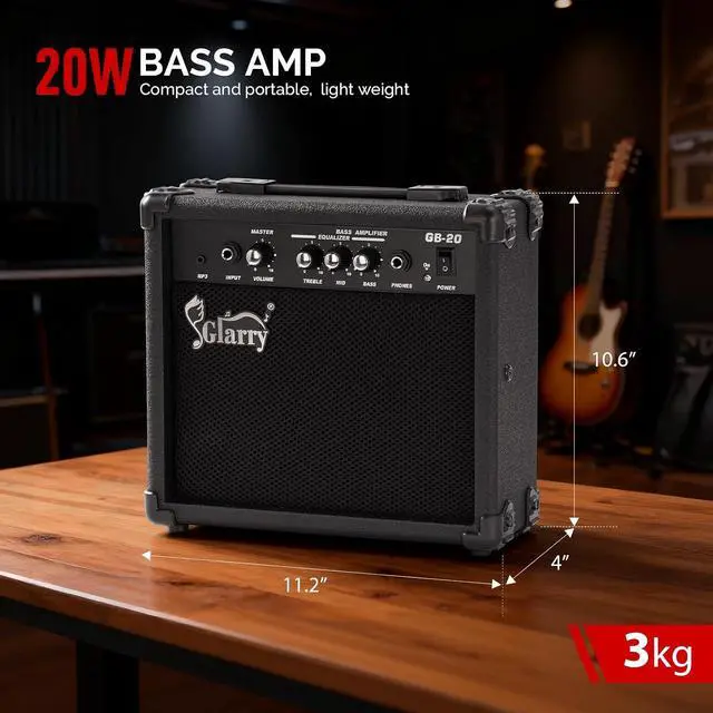 Alt view image 3 of 6 - GLARRY Electric Bass Combo Amp, Portable Amp with Headphone MP3 Input, 20W Practice Bass Guitar Amplifier Speaker Accessories with Bass, Volume, Treble, and Middle Controls