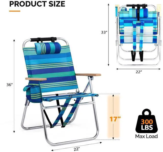 Alt view image 2 of 6 - Aluminum 17" Backpack Beach Chair Tall Beach Chairs for Adults, Portable with Adjustable Straps, 3-Position Reclining, Cup Holder, High Lightweight Beach Chairs for Beach