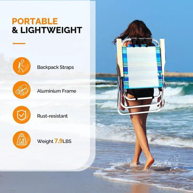 Alt view image 3 of 6 - Aluminum 17" Backpack Beach Chair Tall Beach Chairs for Adults, Portable with Adjustable Straps, 3-Position Reclining, Cup Holder, High Lightweight Beach Chairs for Beach