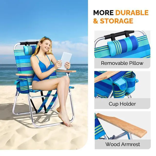 Alt view image 4 of 6 - Aluminum 17" Backpack Beach Chair Tall Beach Chairs for Adults, Portable with Adjustable Straps, 3-Position Reclining, Cup Holder, High Lightweight Beach Chairs for Beach