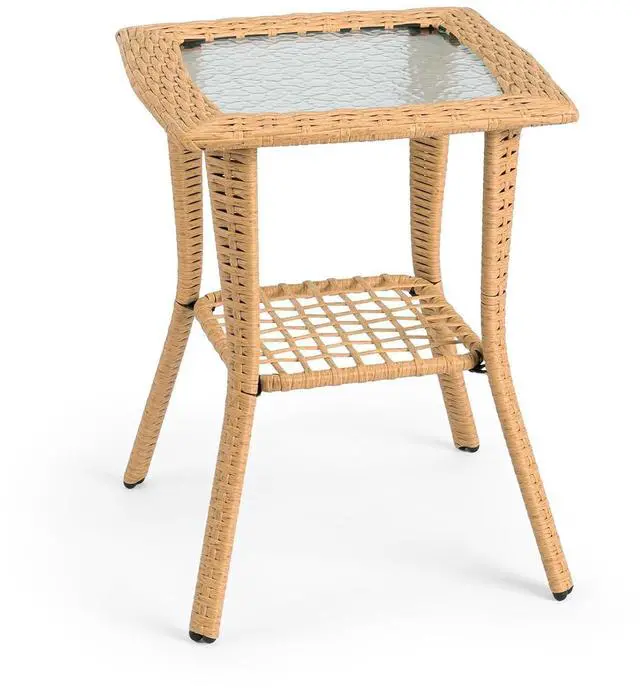 Main image of Outdoor Side Table with Storage Wicker Patio Side Table, Tempered Glass Top End Table for Balcony Porch Deck (Beige)