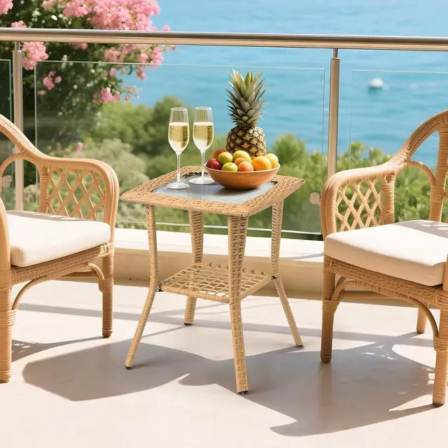 Alt view image 2 of 7 - Outdoor Side Table with Storage Wicker Patio Side Table, Tempered Glass Top End Table for Balcony Porch Deck (Beige)