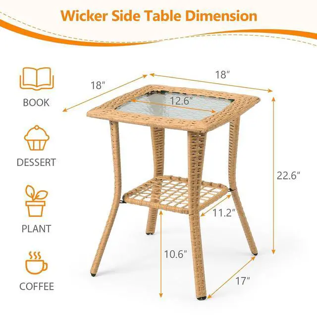 Alt view image 3 of 7 - Outdoor Side Table with Storage Wicker Patio Side Table, Tempered Glass Top End Table for Balcony Porch Deck (Beige)