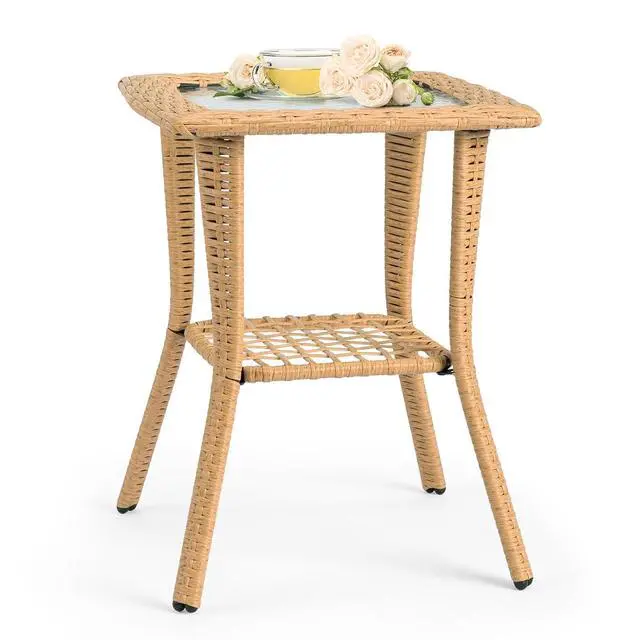 Alt view image 4 of 7 - Outdoor Side Table with Storage Wicker Patio Side Table, Tempered Glass Top End Table for Balcony Porch Deck (Beige)