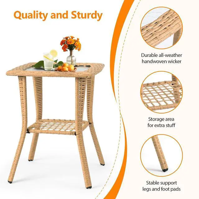 Alt view image 5 of 7 - Outdoor Side Table with Storage Wicker Patio Side Table, Tempered Glass Top End Table for Balcony Porch Deck (Beige)