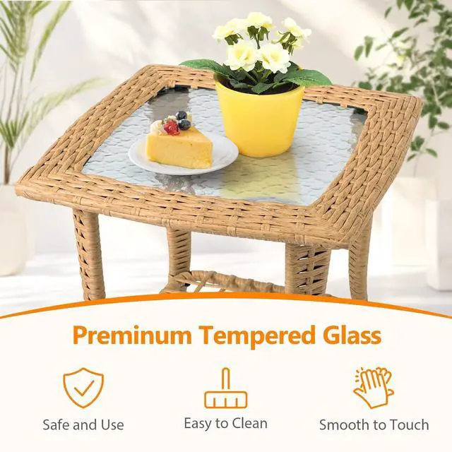 Alt view image 6 of 7 - Outdoor Side Table with Storage Wicker Patio Side Table, Tempered Glass Top End Table for Balcony Porch Deck (Beige)