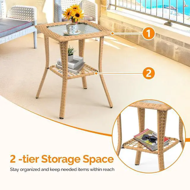 Alt view image 7 of 7 - Outdoor Side Table with Storage Wicker Patio Side Table, Tempered Glass Top End Table for Balcony Porch Deck (Beige)