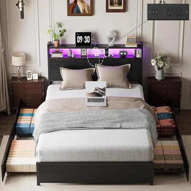 Main image of Full Bed Frame with 4 Storage Drawers and Adjustable Headboard Shelf, Metal Double Platform Captain Bed with Charging Station and RGB LED Lights, No Box Spring Needed, Noise Free, Black