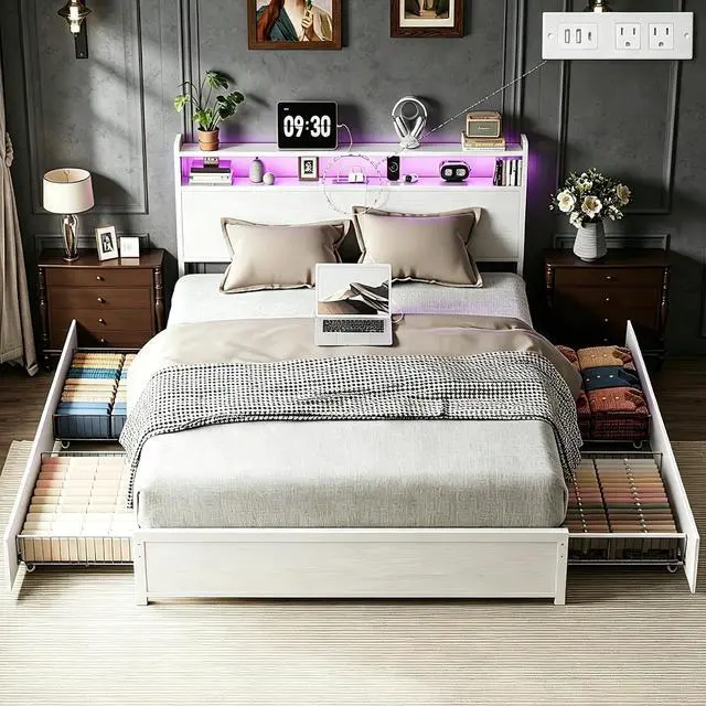 Main image of Full Platform Bed Frame with 4 Storage Drawers and Headboard Shelves, Metal Double Bed with Charging Station and LED Lights, No Box Spring Needed, Noise Free, Easy Assembly, White