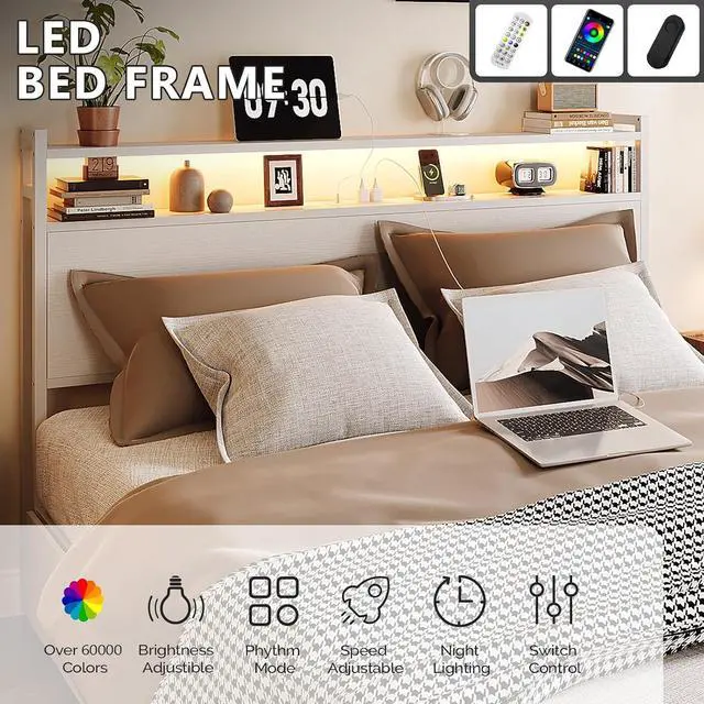 Alt view image 5 of 7 - Full Platform Bed Frame with 4 Storage Drawers and Headboard Shelves, Metal Double Bed with Charging Station and LED Lights, No Box Spring Needed, Noise Free, Easy Assembly, White