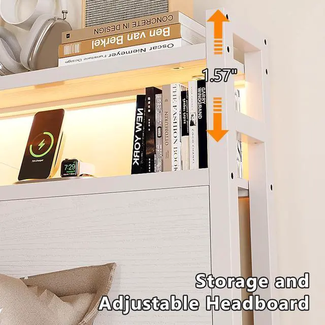 Alt view image 3 of 7 - Full Platform Bed Frame with 4 Storage Drawers and Headboard Shelves, Metal Double Bed with Charging Station and LED Lights, No Box Spring Needed, Noise Free, Easy Assembly, White