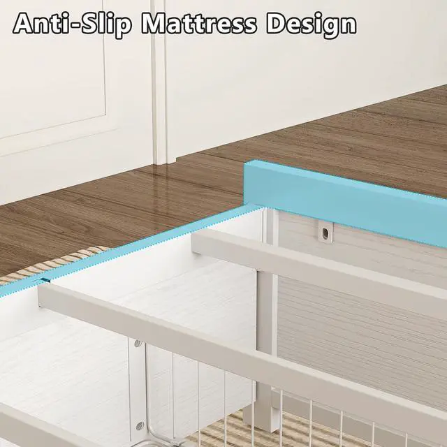 Alt view image 6 of 7 - Full Platform Bed Frame with 4 Storage Drawers and Headboard Shelves, Metal Double Bed with Charging Station and LED Lights, No Box Spring Needed, Noise Free, Easy Assembly, White