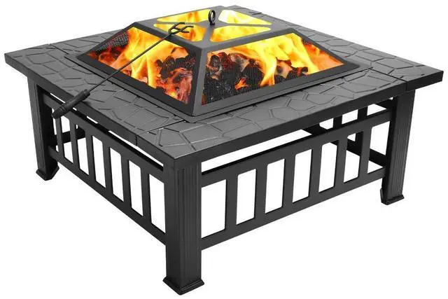 Main image of 32in Wood Fire Pit with Mesh Lid and Fire Poker, Portable Outdoor Fireplace Burning FirePit for Chrismas Backyard Patio Outside Picnic BBQ Party