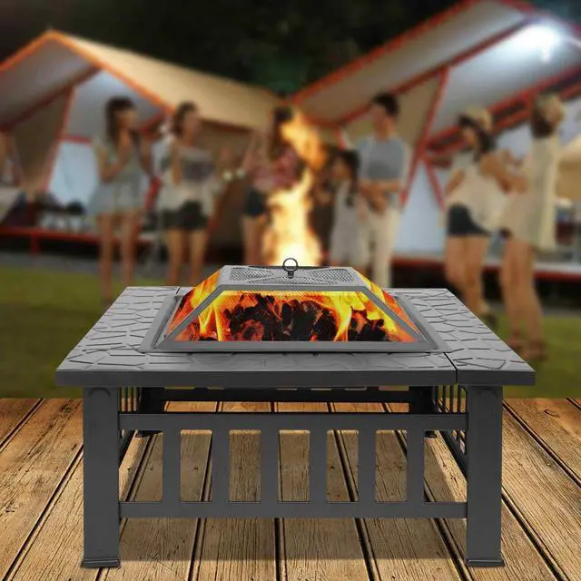 Alt view image 2 of 7 - 32in Wood Fire Pit with Mesh Lid and Fire Poker, Portable Outdoor Fireplace Burning FirePit for Chrismas Backyard Patio Outside Picnic BBQ Party
