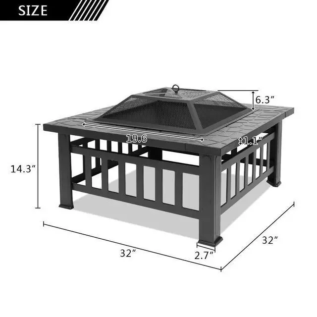 Alt view image 3 of 7 - 32in Wood Fire Pit with Mesh Lid and Fire Poker, Portable Outdoor Fireplace Burning FirePit for Chrismas Backyard Patio Outside Picnic BBQ Party