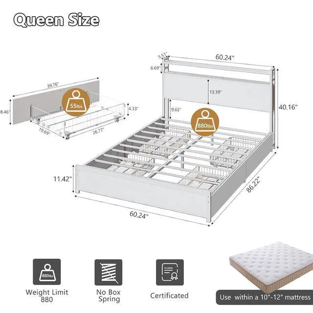 Alt view image 2 of 7 - Queen Platform Bed Frame with 4 Storage Drawers and Adjustable Headboard Shelf, Metal Panel Bed with Charging Station and LED Lights, No Box Spring Needed, Noise Free, Easy Assembly, White