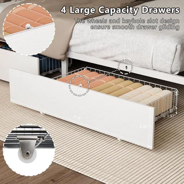 Alt view image 7 of 7 - Full Platform Bed Frame with 4 Storage Drawers and Headboard Shelves, Metal Double Bed with Charging Station and LED Lights, No Box Spring Needed, Noise Free, Easy Assembly, White