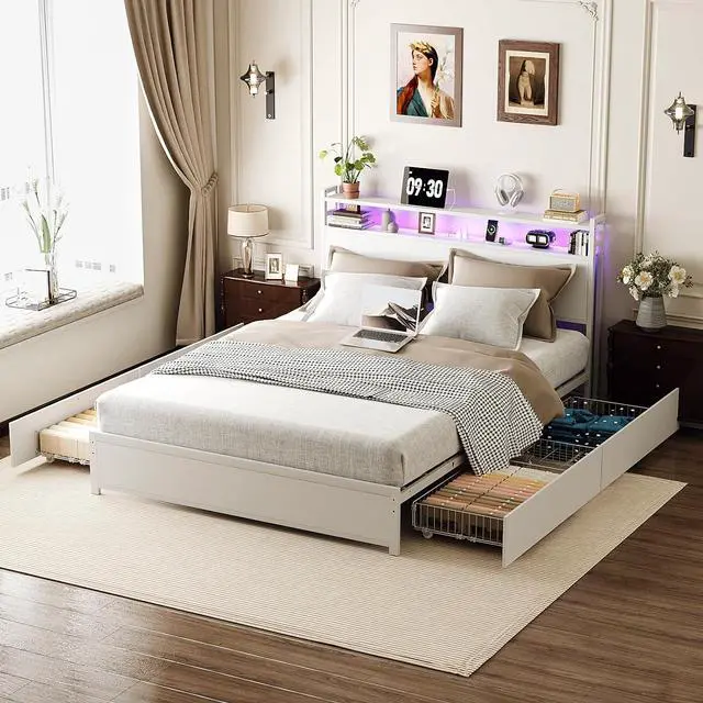 Main image of Queen Platform Bed Frame with 4 Storage Drawers and Adjustable Headboard Shelf, Metal Panel Bed with Charging Station and LED Lights, No Box Spring Needed, Noise Free, Easy Assembly, White