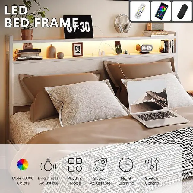 Alt view image 7 of 7 - Queen Platform Bed Frame with 4 Storage Drawers and Adjustable Headboard Shelf, Metal Panel Bed with Charging Station and LED Lights, No Box Spring Needed, Noise Free, Easy Assembly, White