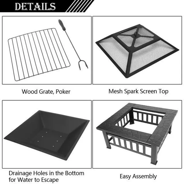 Alt view image 4 of 7 - 32in Wood Fire Pit with Mesh Lid and Fire Poker, Portable Outdoor Fireplace Burning FirePit for Chrismas Backyard Patio Outside Picnic BBQ Party