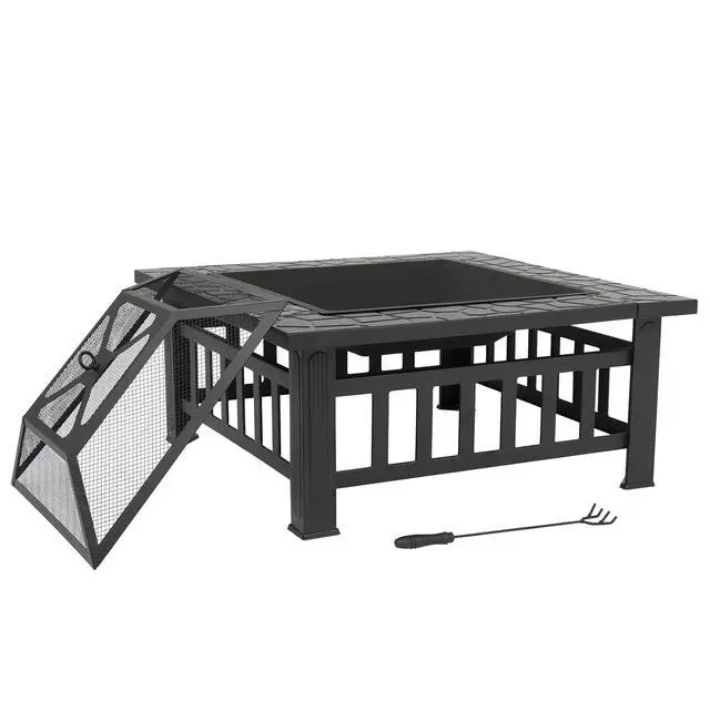 Alt view image 5 of 7 - 32in Wood Fire Pit with Mesh Lid and Fire Poker, Portable Outdoor Fireplace Burning FirePit for Chrismas Backyard Patio Outside Picnic BBQ Party