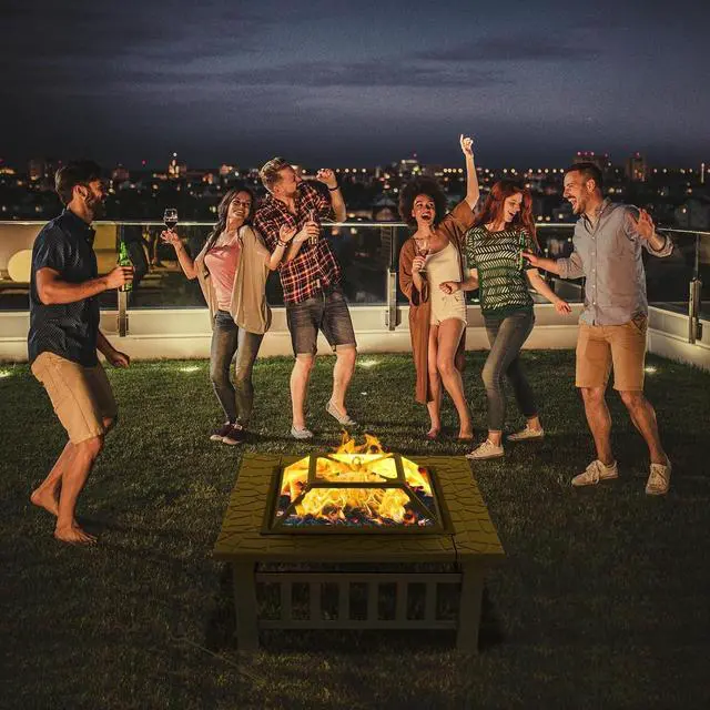 Alt view image 7 of 7 - 32in Wood Fire Pit with Mesh Lid and Fire Poker, Portable Outdoor Fireplace Burning FirePit for Chrismas Backyard Patio Outside Picnic BBQ Party