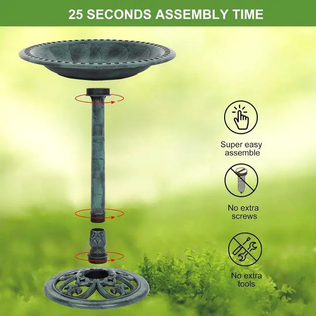 Alt view image 5 of 7 - Pedestal Bird Bath with Solar Fountain, Solar Pump Resin Birdbaths, Weather Resistant Bird Baths with Ground Stakes, Vintage Finish Garden Decor for Outdoor, Patio, Yard, Lawn(Green)