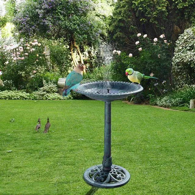 Alt view image 2 of 7 - Pedestal Bird Bath with Solar Fountain, Solar Pump Resin Birdbaths, Weather Resistant Bird Baths with Ground Stakes, Vintage Finish Garden Decor for Outdoor, Patio, Yard, Lawn(Green)